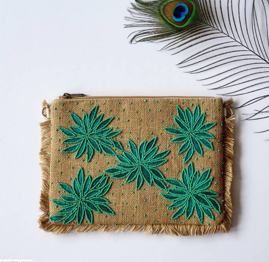 Kerela Turquoise Flower Jute Clutch Boho Bag