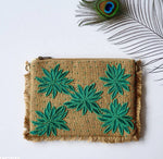 Kerela Turquoise Flower Jute Clutch Boho Bag