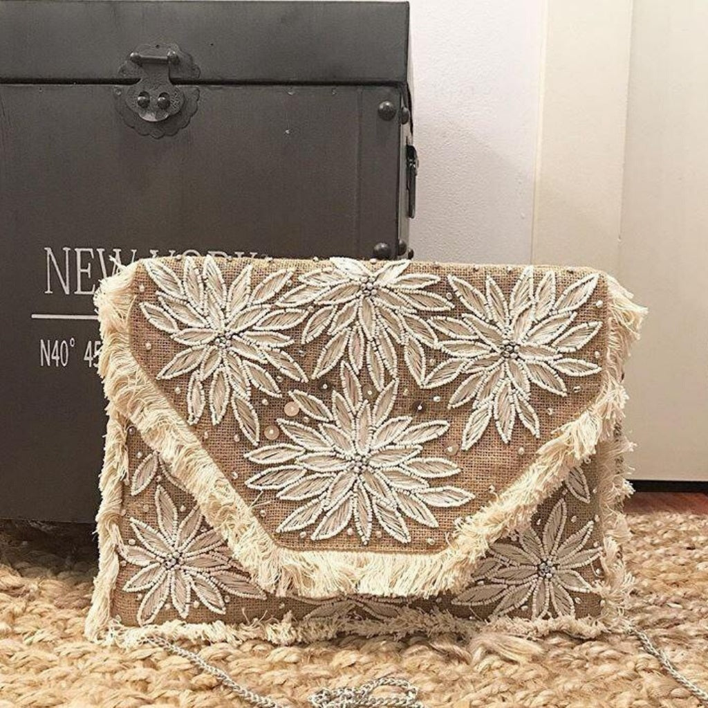 Blossoming White Beaded Jute Clutch Boho Bag