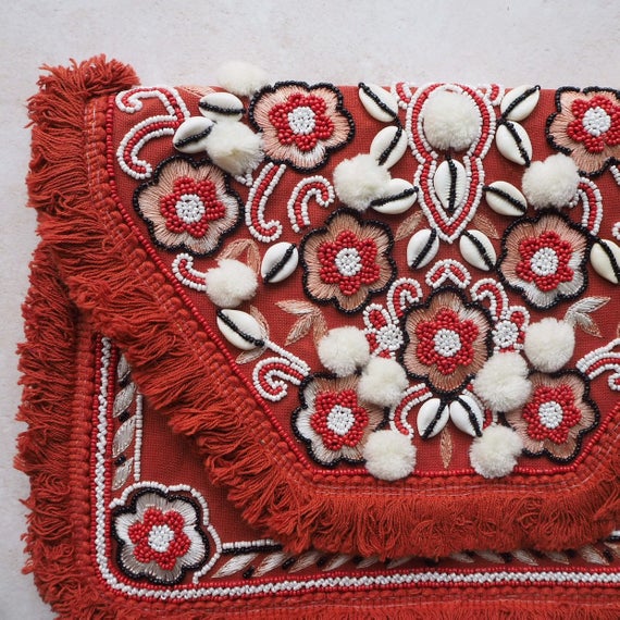 Lille Red Pom Bohemian Clutch Boho Bag