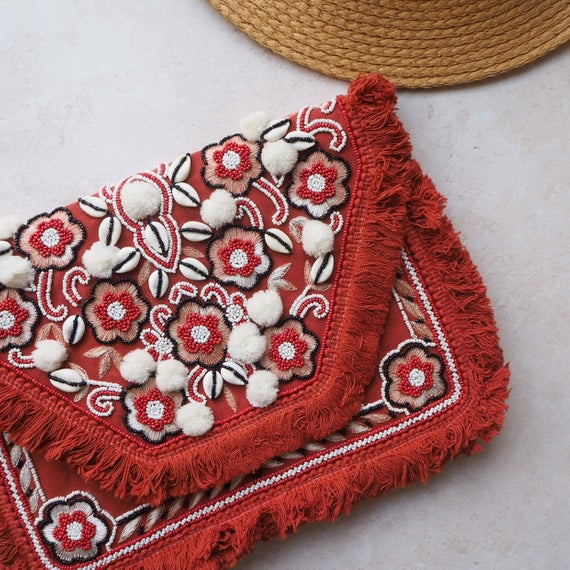 Lille Red Pom Bohemian Clutch Boho Bag