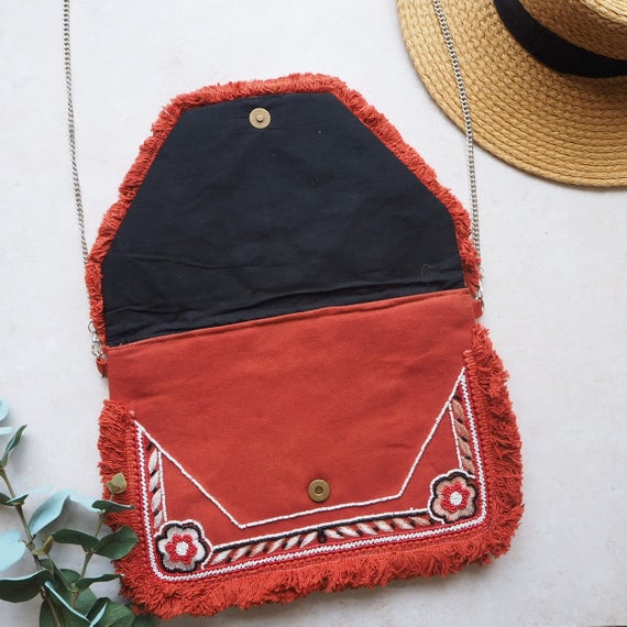 Lille Red Pom Bohemian Clutch Boho Bag