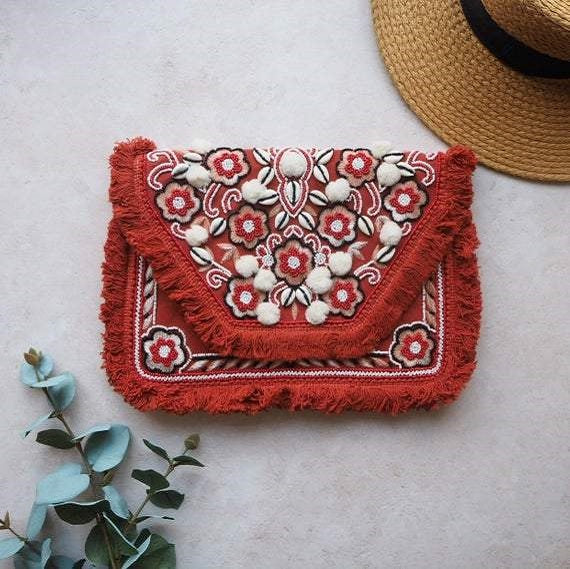 Lille Red Pom Bohemian Clutch Boho Bag