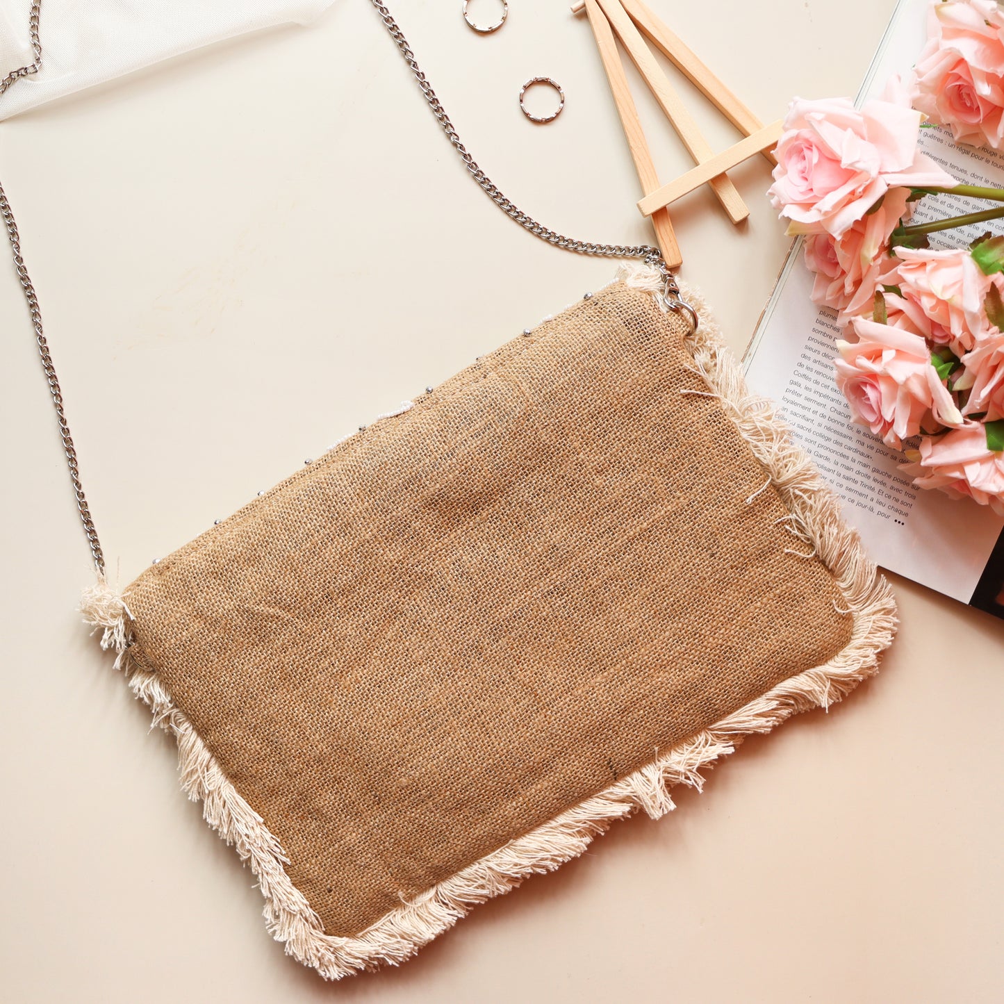 Blossoming White Beaded Jute Clutch Boho Bag