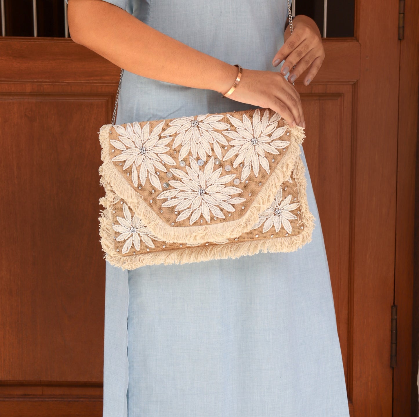 Blossoming White Beaded Jute Clutch Boho Bag