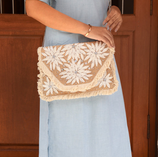 Blossoming White Beaded Jute Clutch Boho Bag
