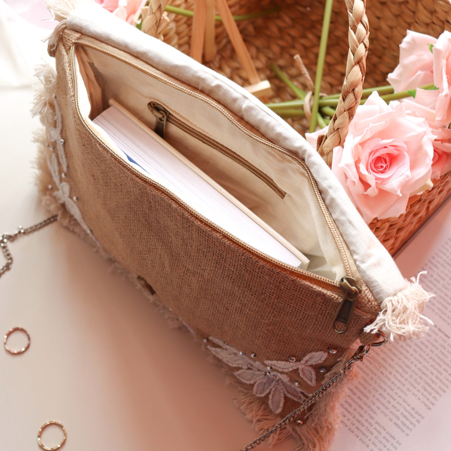 Blossoming White Beaded Jute Clutch Boho Bag