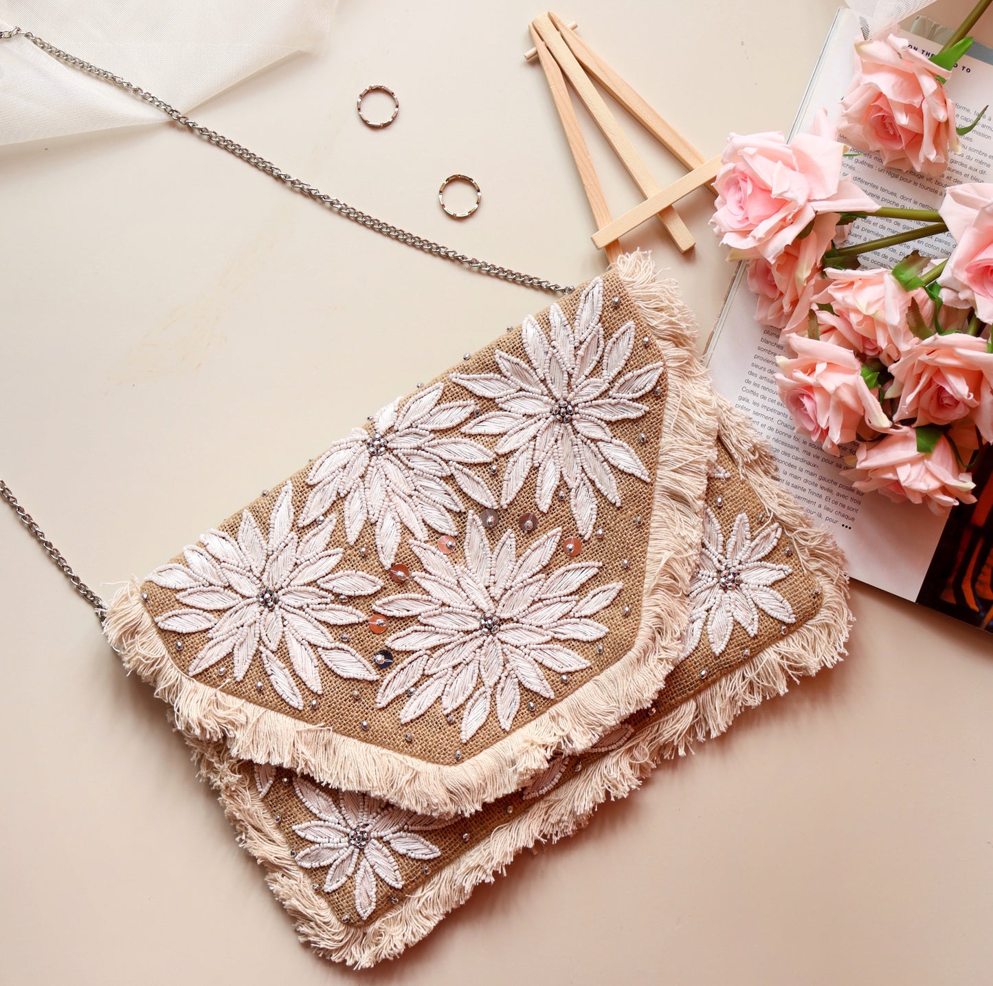 Blossoming White Beaded Jute Clutch Boho Bag