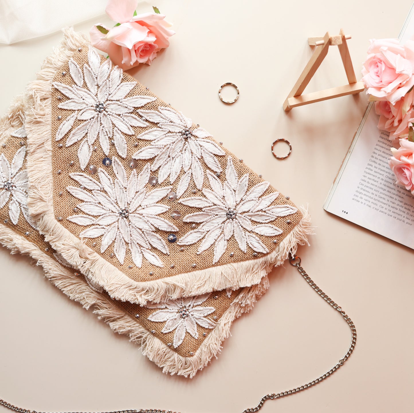 Blossoming White Beaded Jute Clutch Boho Bag