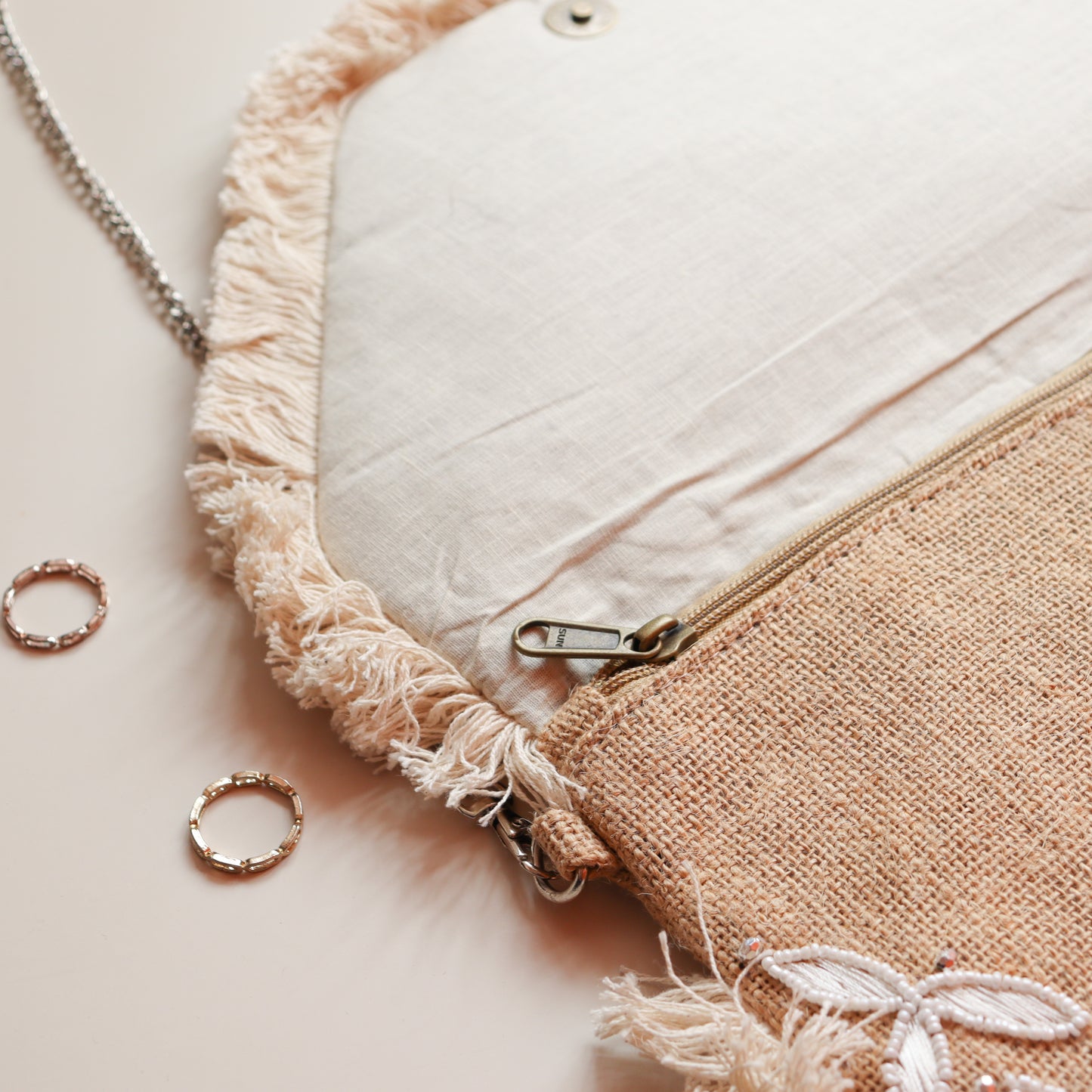 Blossoming White Beaded Jute Clutch Boho Bag