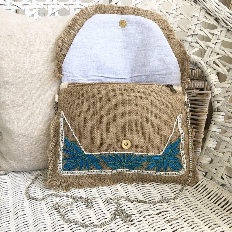 Araku Turquoise Flower Jute Clutch Boho Bag
