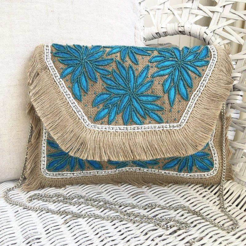 Araku Turquoise Flower Jute Clutch Boho Bag