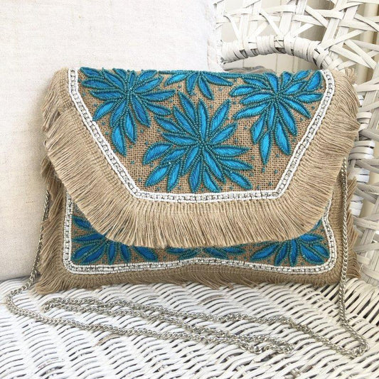 Araku Turquoise Flower Jute Clutch Boho Bag