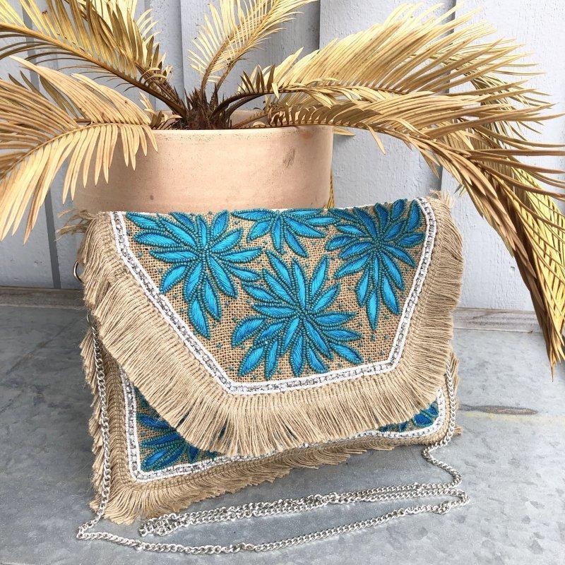 Araku Turquoise Flower Jute Clutch Boho Bag