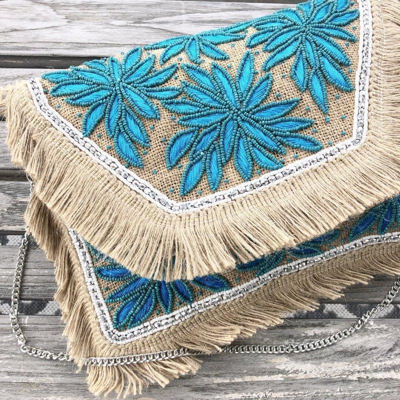 Araku Turquoise Flower Jute Clutch Boho Bag