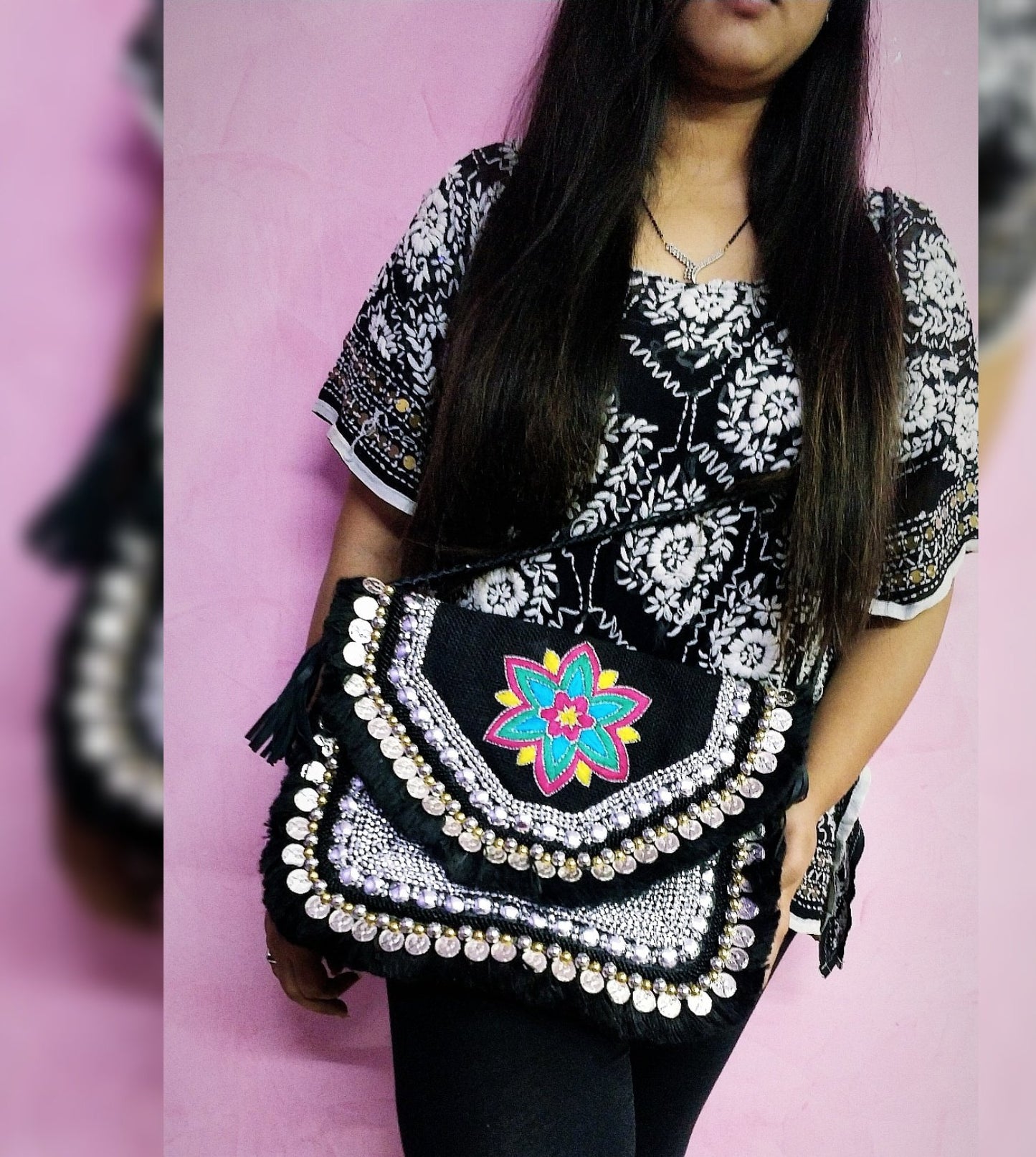 Amaris Mandala Black Embroidered Jute Coin Clutch