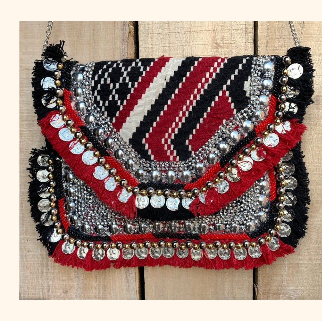 Red Jacquard Coin Bohemian Bag