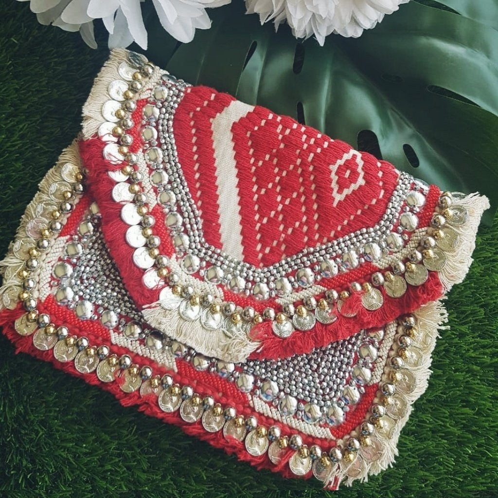 Red White Jacquard Coin Bohemian Bag