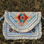Boho Amulet White Embroidered Jute Coin  Bag