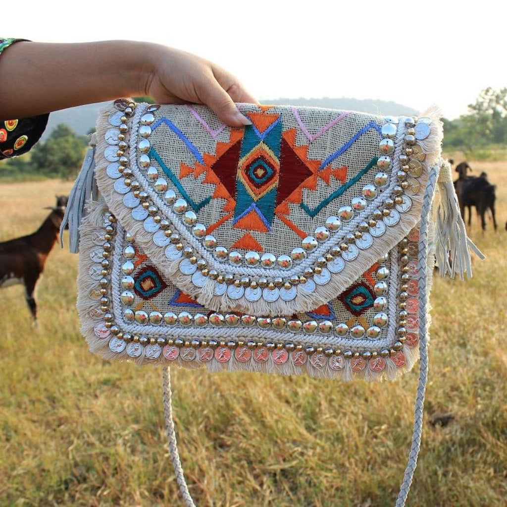 Boho Amulet White Embroidered Jute Coin  Bag