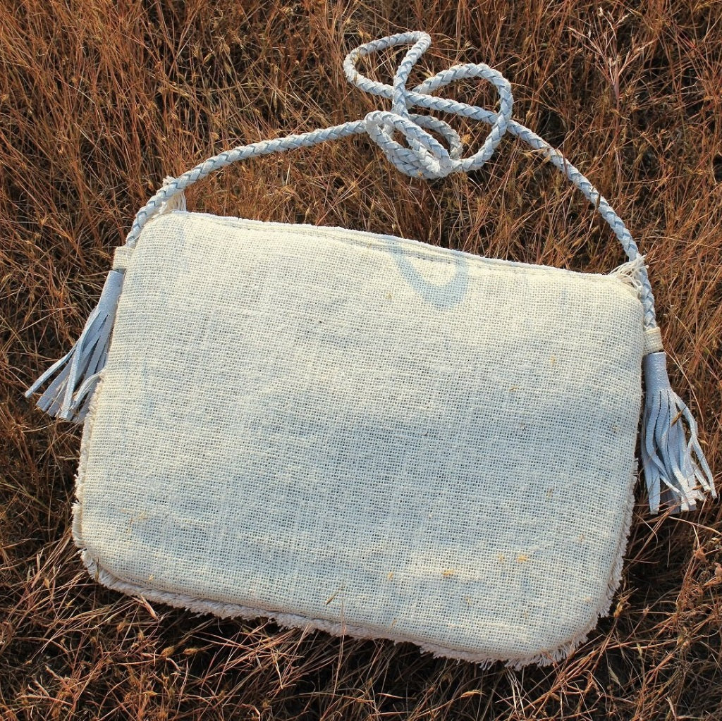 Boho Amulet White Embroidered Jute Coin  Bag