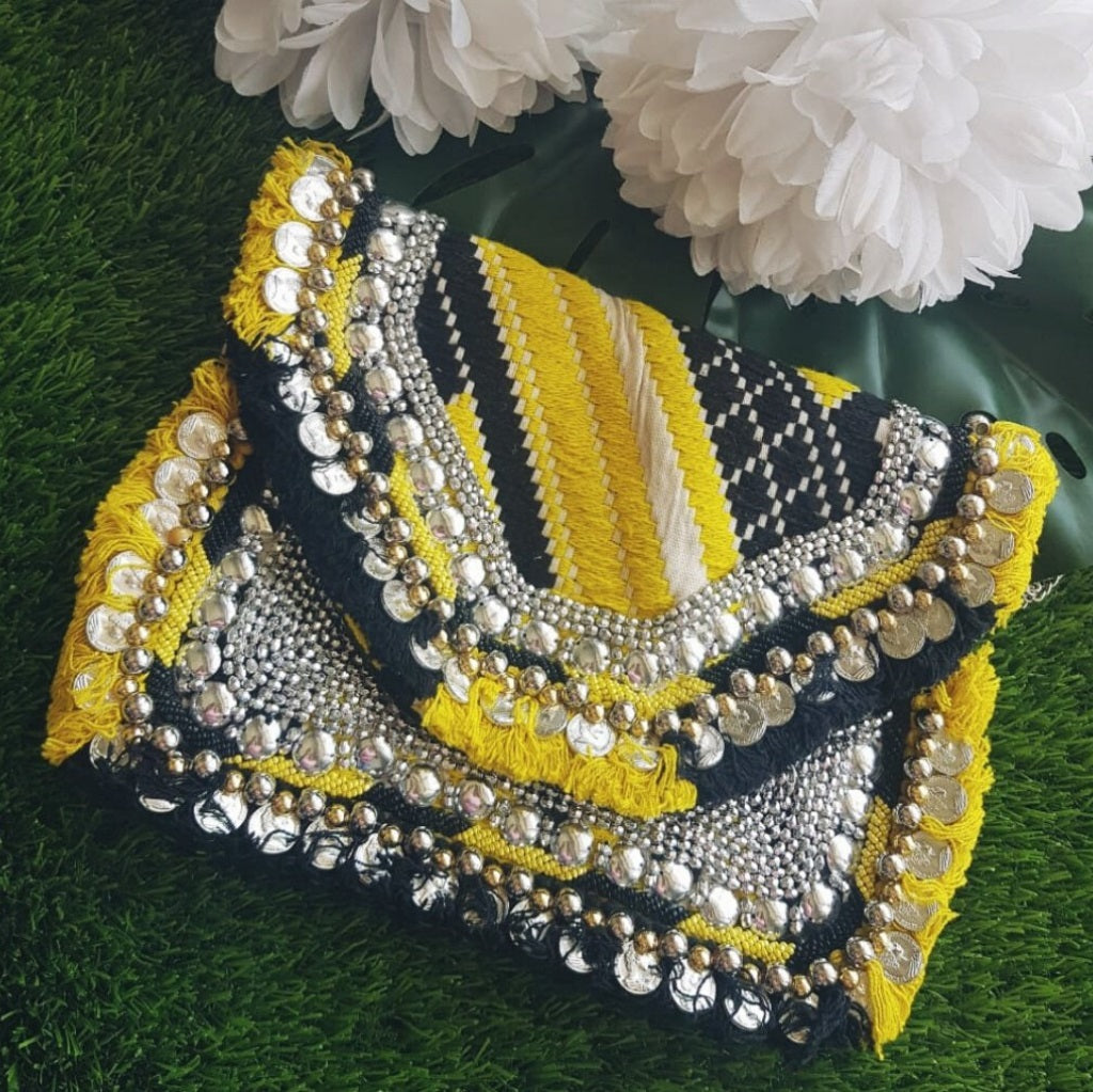 Yellow White Jacquard Coin Bohemian Bag